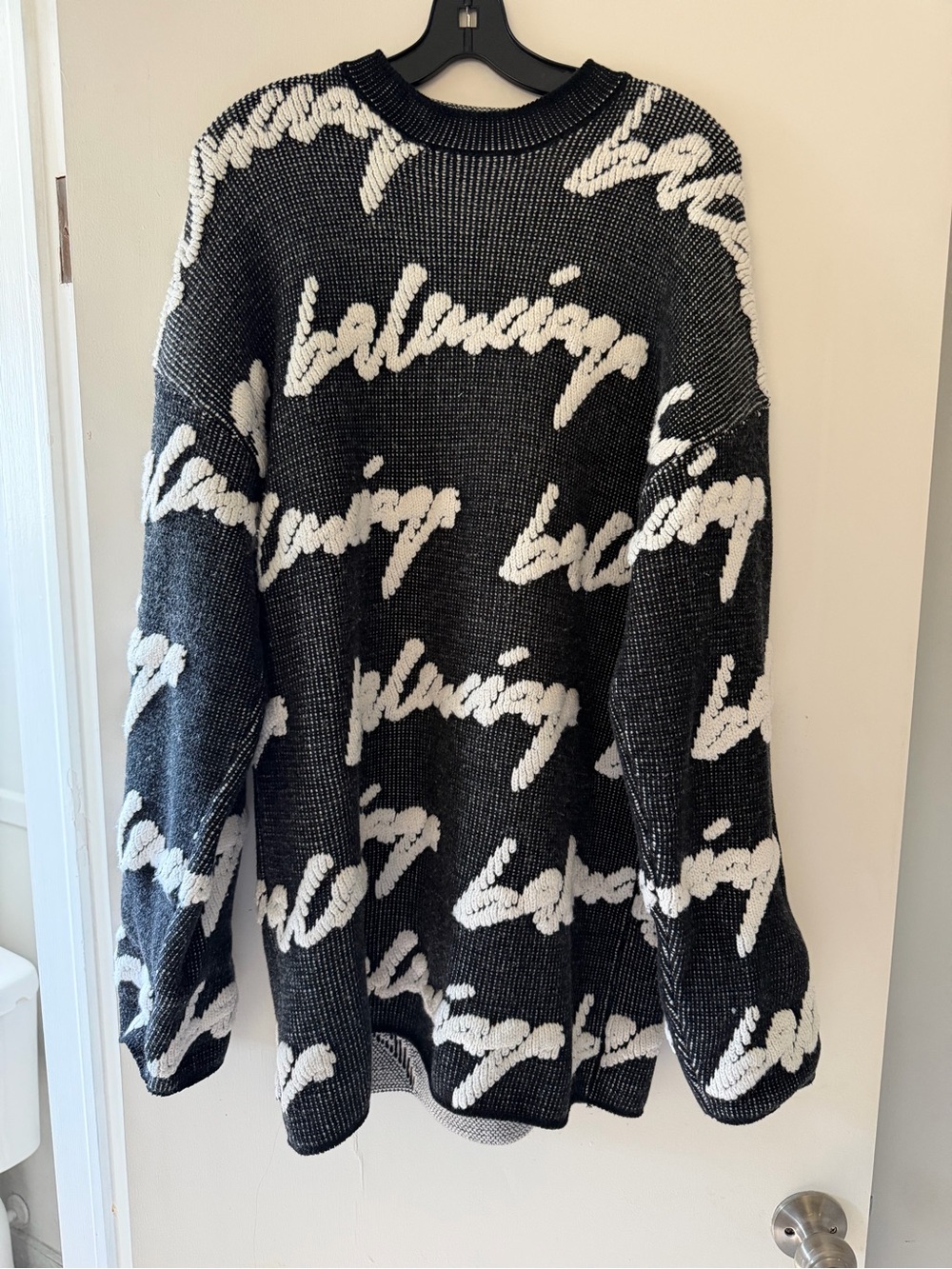 Balenciaga Black & White Script Knit Crewneck Sweater